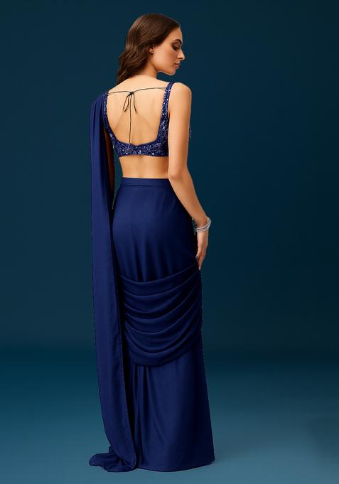 Blue Embroidered Blouse Georgette Pre Draped Saree Set