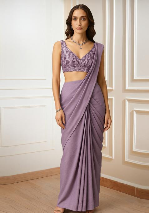 Purple Embroidered Blouse Georgette Pre Draped Saree Set