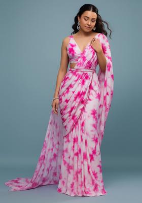 White And Pink Printed Satin Pre Draped Saree Set