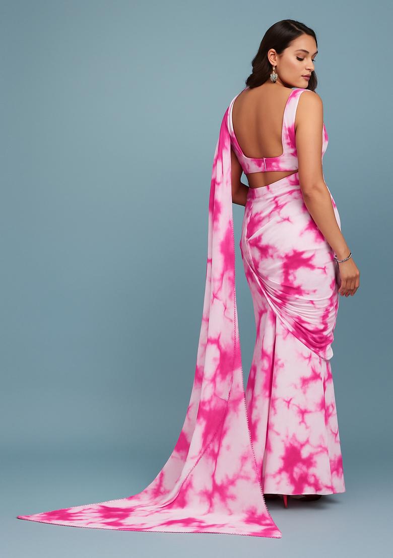 White And Pink Printed Satin Pre Draped Saree Set - Indya