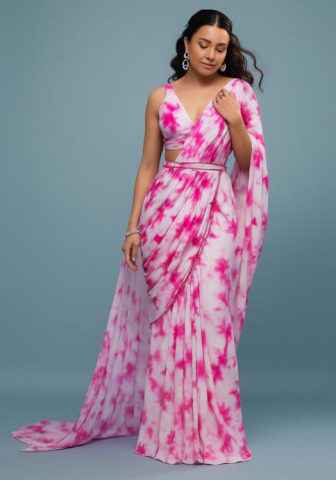 White And Pink Printed Satin Pre Draped Saree Set
