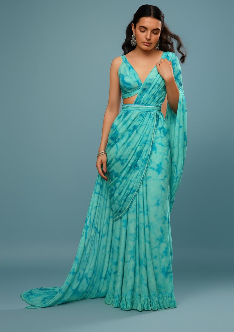 Blue Printed Satin Pre Draped Saree Set