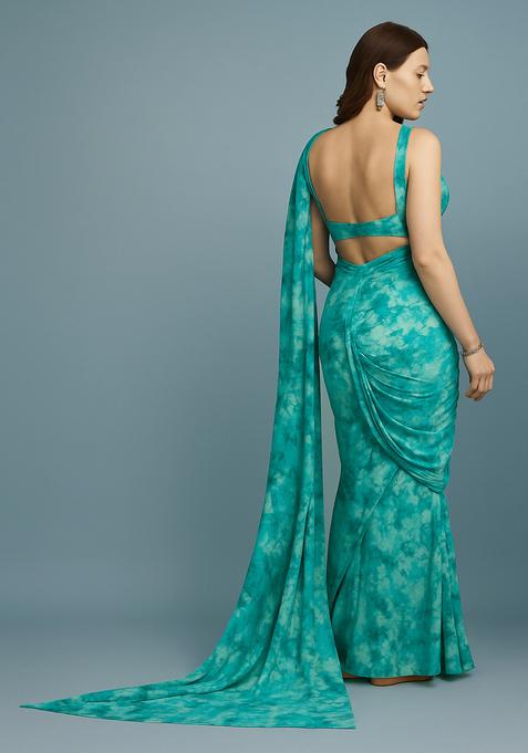Blue Printed Satin Pre Draped Saree Set