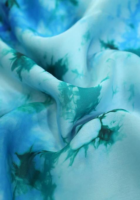 Blue Printed Satin Pre Draped Saree Set