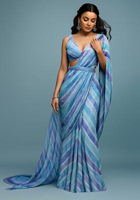 Multicolor Printed Satin Pre Draped Saree Set