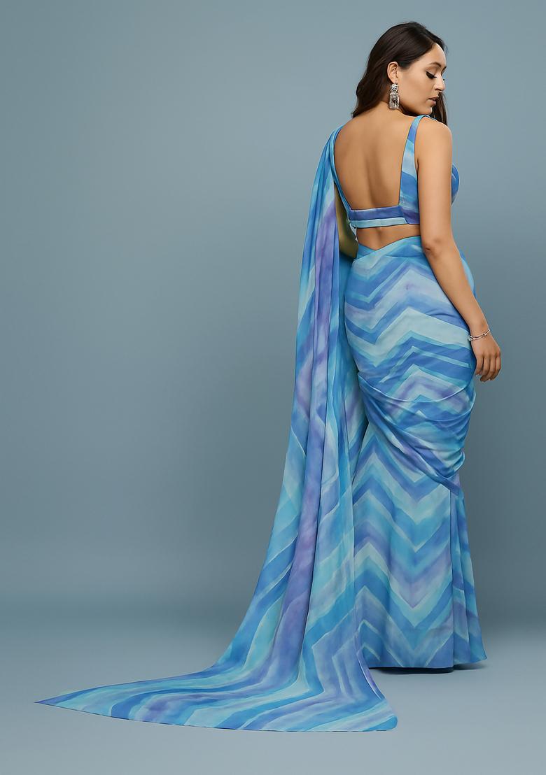 Multicolor Printed Satin Pre Draped Saree Set - Indya