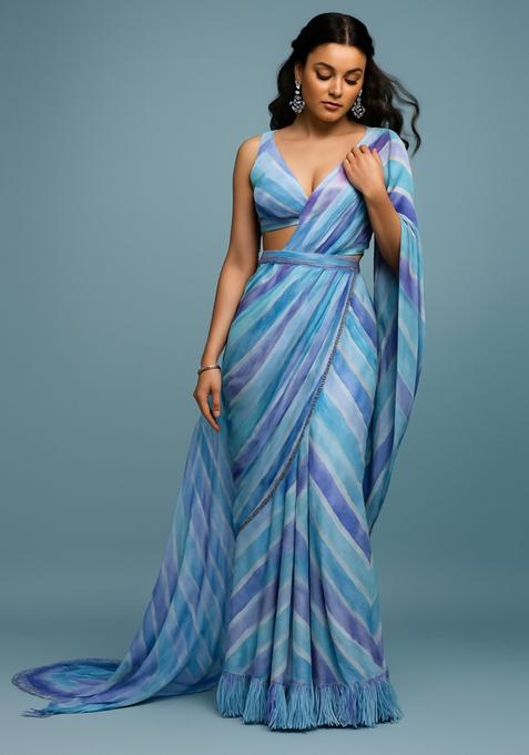 Multicolor Printed Satin Pre Draped Saree Set