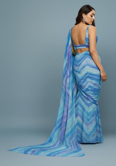 Multicolor Printed Satin Pre Draped Saree Set