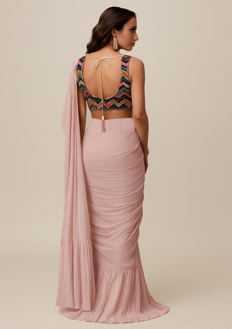 Pink Embellished Chinon Pre Draped Saree Set - Indya