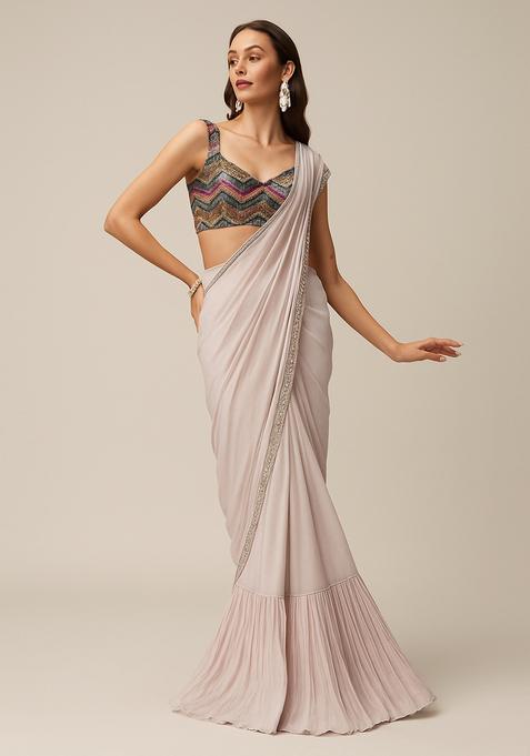 Pink Embellished Chinon Pre Draped Saree Set