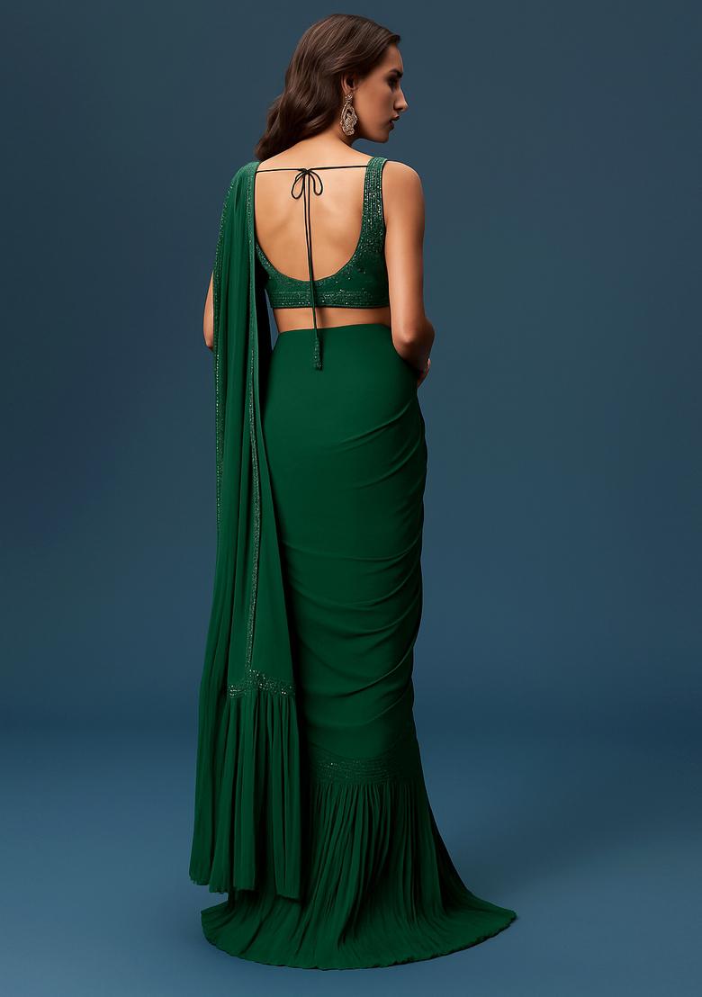 Green Sequin Embellished Blouse Chinon Pre Draped Saree Set