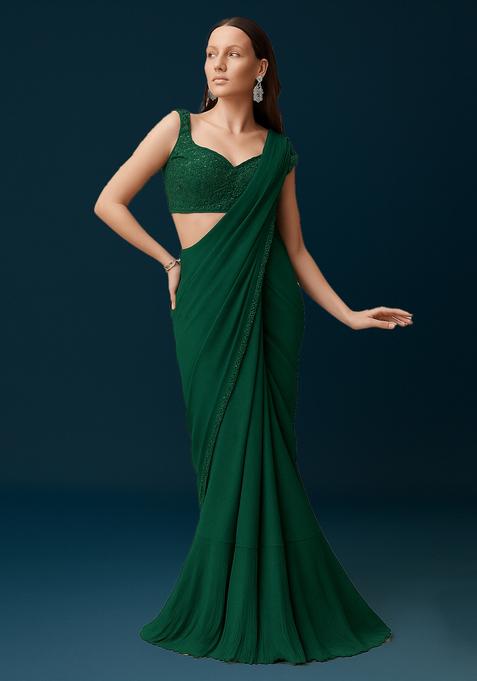 Green Sequin Embellished Blouse Chinon Pre Draped Saree Set