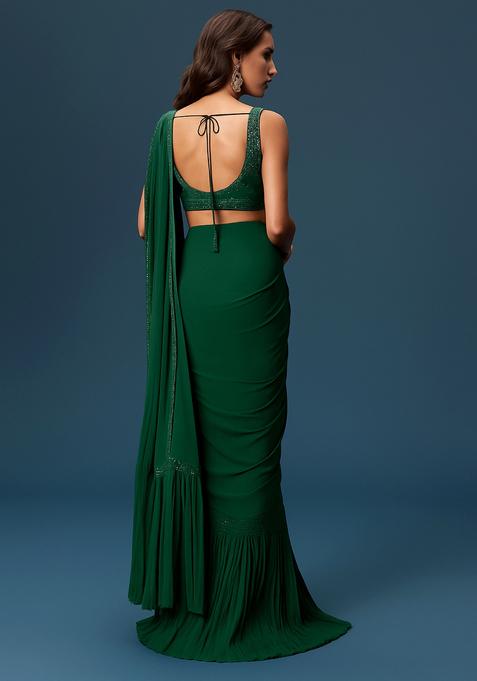 Green Sequin Embellished Blouse Chinon Pre Draped Saree Set