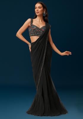 Black Embroidered Blouse Chinon Pre Draped Saree Set