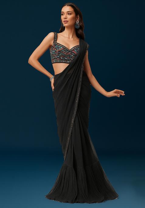 Black Embroidered Blouse Chinon Pre Draped Saree Set