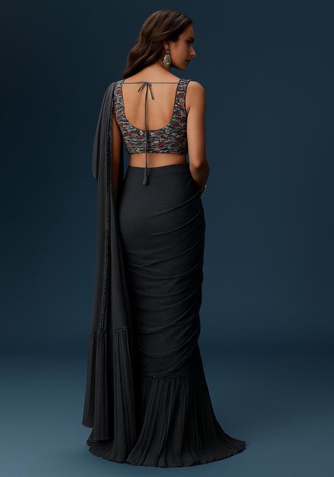 Black Embroidered Blouse Chinon Pre Draped Saree Set