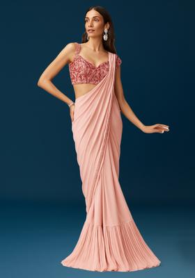 Pink Embroidered Blouse Chinon Pre Draped Saree Set