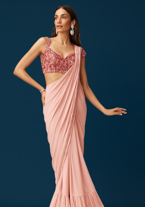 Pink Embroidered Blouse Chinon Pre Draped Saree Set