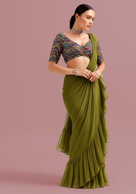 Green Embellished Georgette Pre Draped Saree Set