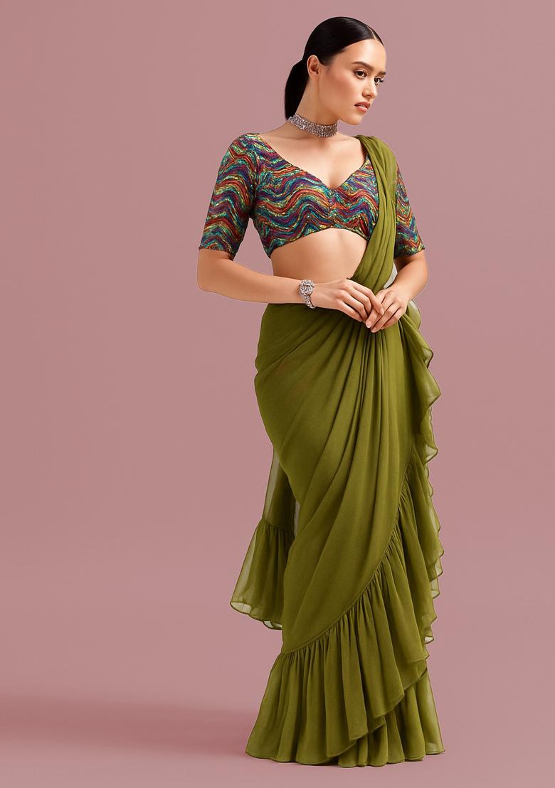 Green Embellished Blouse Georgette Pre Draped Saree Set