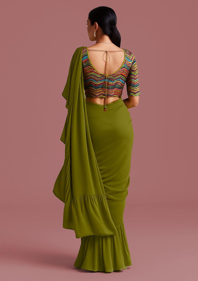 Green Embellished Blouse Georgette Pre Draped Saree Set