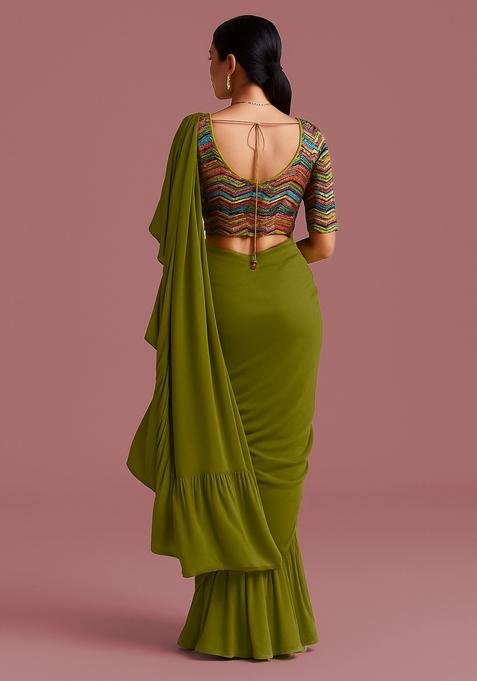 Green Embellished Blouse Georgette Pre Draped Saree Set