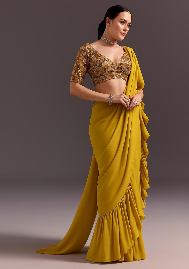 Yellow Embellished Blouse Georgette Pre Draped Saree Set