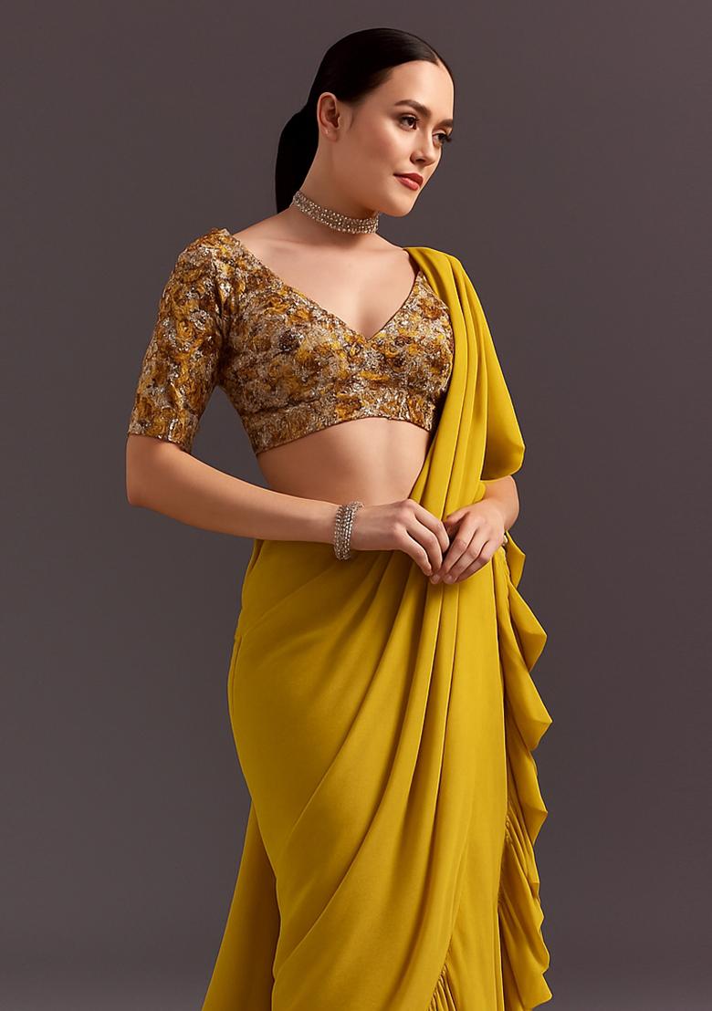 Yellow Embellished Blouse Georgette Pre Draped Saree Set - Indya