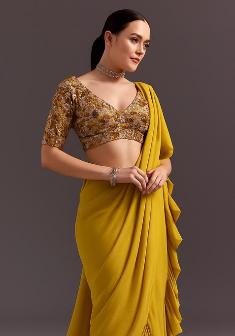 Yellow Embellished Blouse Georgette Pre Draped Saree Set