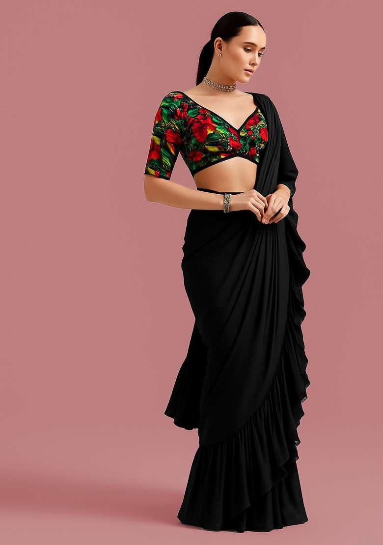 Black Embellished Blouse Georgette Pre Draped Saree Set - Indya