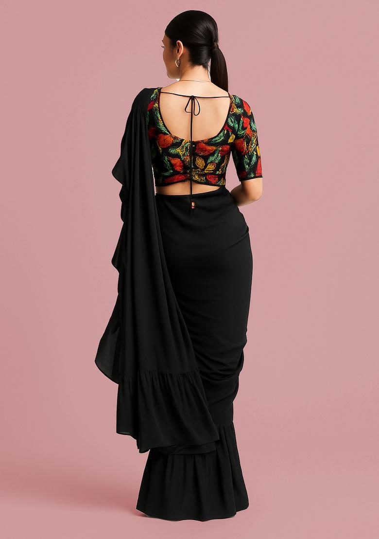 Black Embellished Blouse Georgette Pre Draped Saree Set - Indya