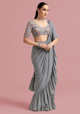 Grey Embellished Blouse Georgette Pre Draped Saree Set
