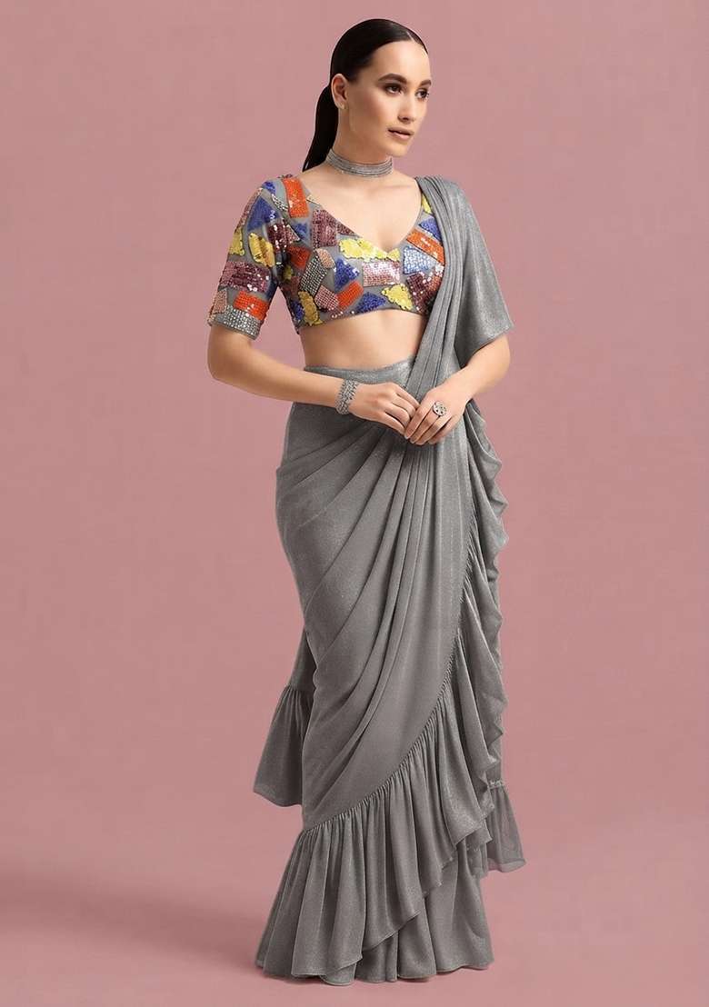 Grey Embellished Blouse Georgette Pre Draped Saree Set - Indya