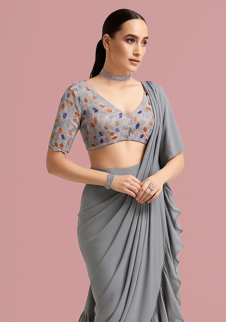Grey Embellished Blouse Georgette Pre Draped Saree Set - Indya
