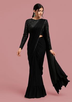 Black Embellished Georgette Pre Draped Saree Set