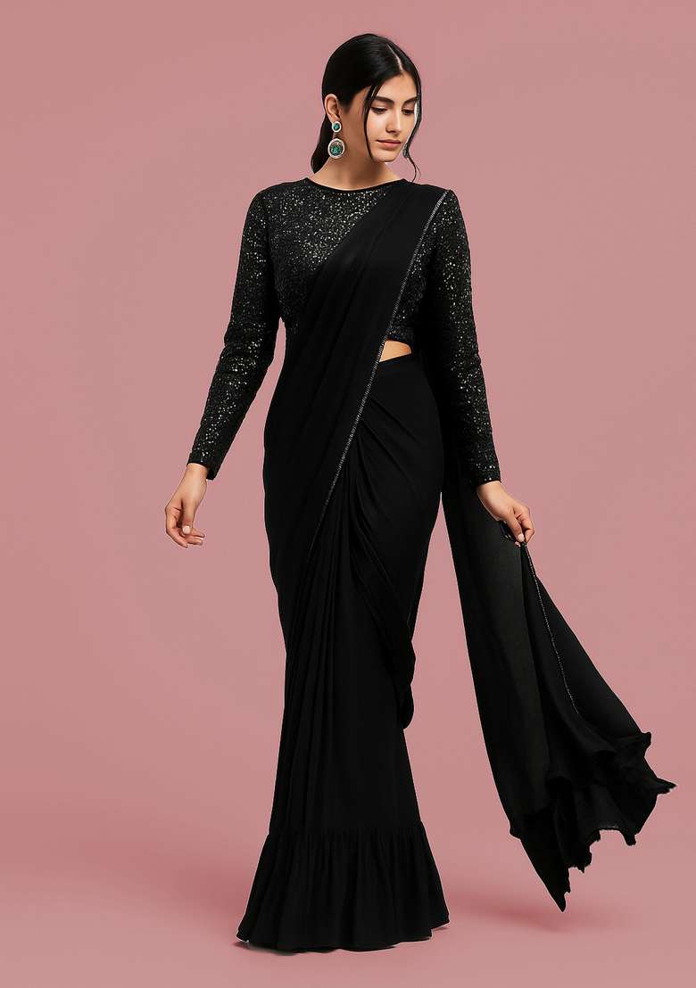 Black Embellished Georgette Pre Draped Saree Set - Indya