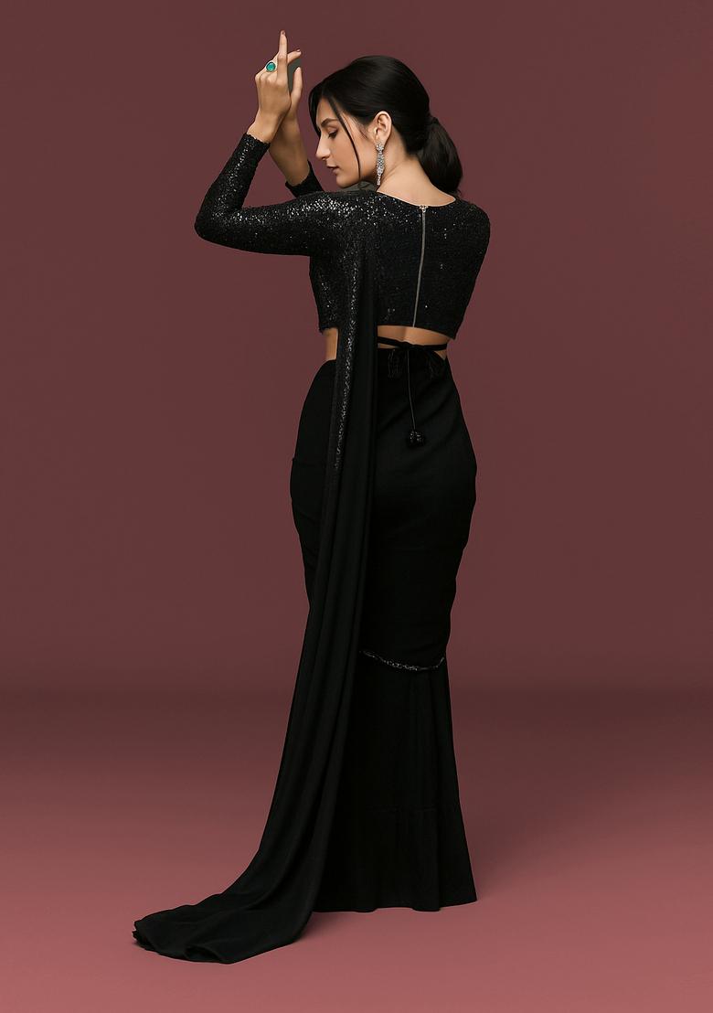 Black Embellished Georgette Pre Draped Saree Set - Indya