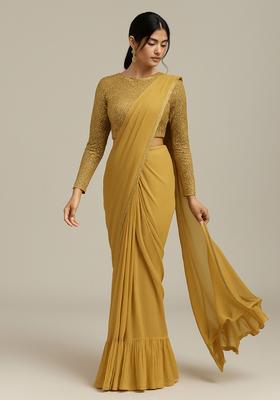 Golden Embellished Georgette Pre Draped Saree Set