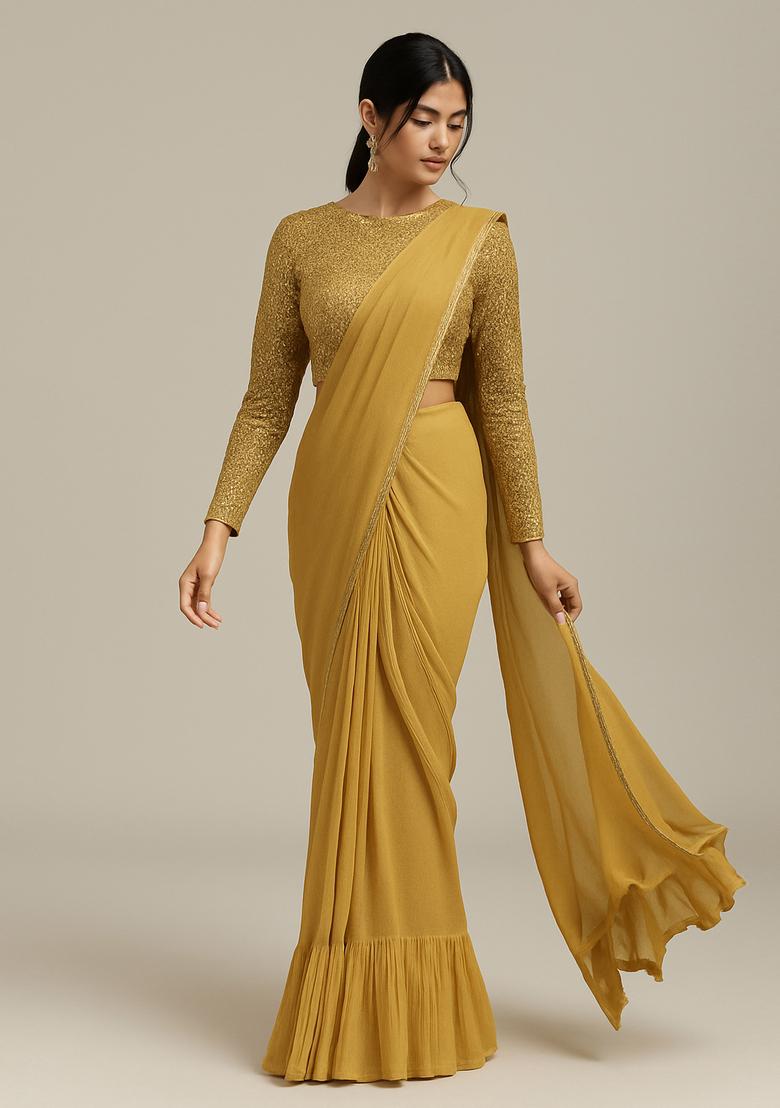 Golden Embellished Georgette Pre Draped Saree Set