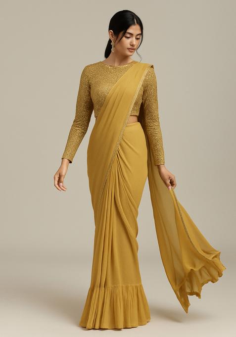 Golden Embellished Georgette Pre Draped Saree Set