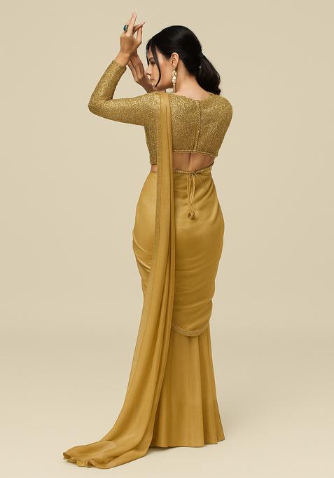 Golden Embellished Georgette Pre Draped Saree Set