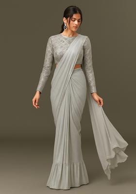 Golden Embellished Georgette Pre Draped Saree Set