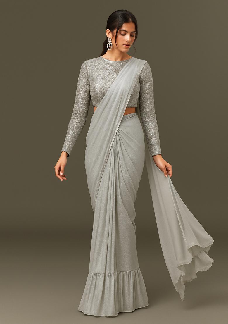 Golden Embellished Georgette Pre Draped Saree Set