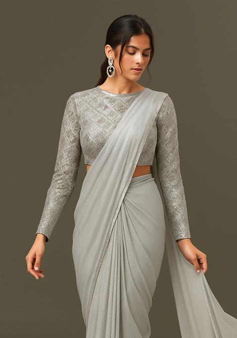 Golden Embellished Georgette Pre Draped Saree Set