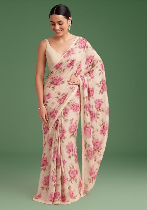 Cream Printed Chiffon Pre Draped Saree