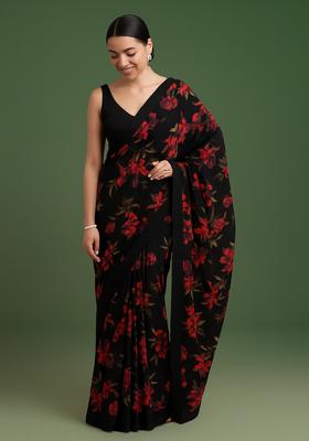 Black Printed Chiffon Pre Draped Saree Set