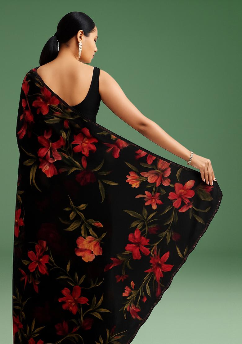 Black Printed Chiffon Pre Draped Saree Set - Indya