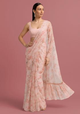 Pink Embroidered Organza Pre Draped Saree Set