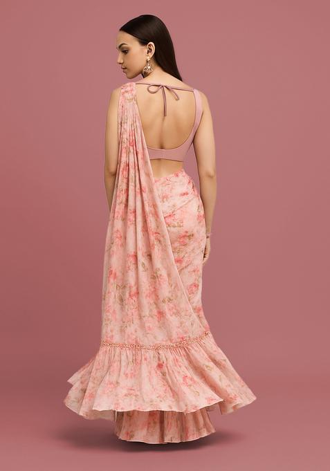 Pink Embroidered Organza Pre Draped Saree Set