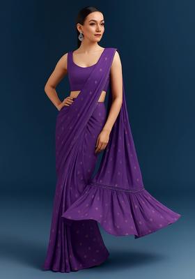 Purple Embroidered Georgette Pre Draped Saree Set